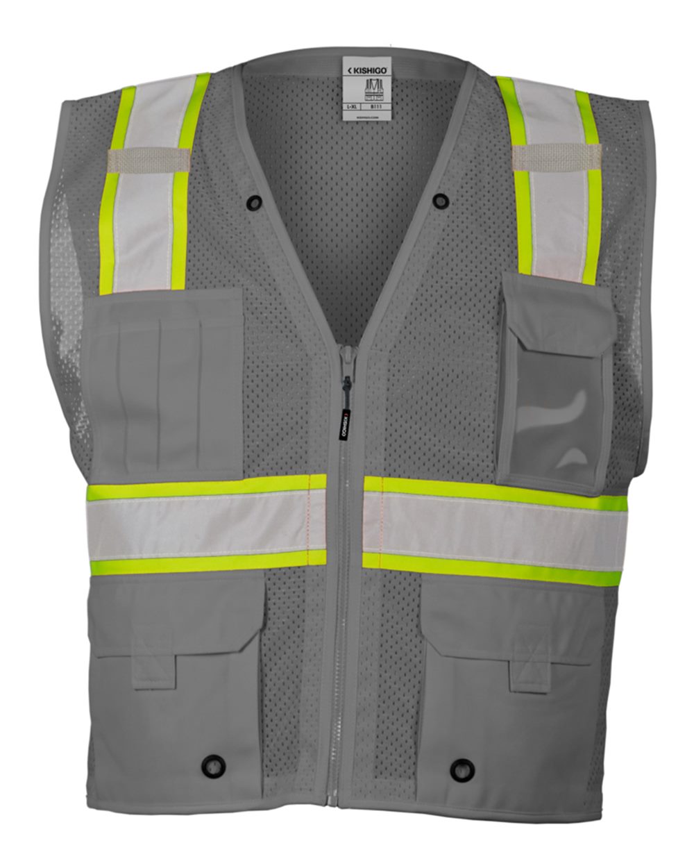 111-EV Series® Enhanced Visibility Multi-Pocket Mesh Vest - Front - B68429593 - Grey/ Lime - B111