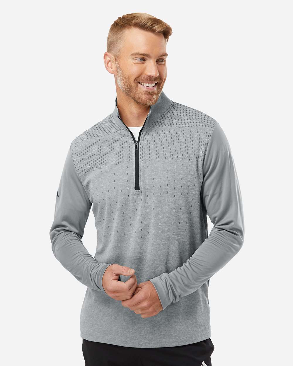 Heather Block Print Quarter-Zip Pullover - OnModelFront - B06053352 - Grey Three Melange/ Grey Three/ Black