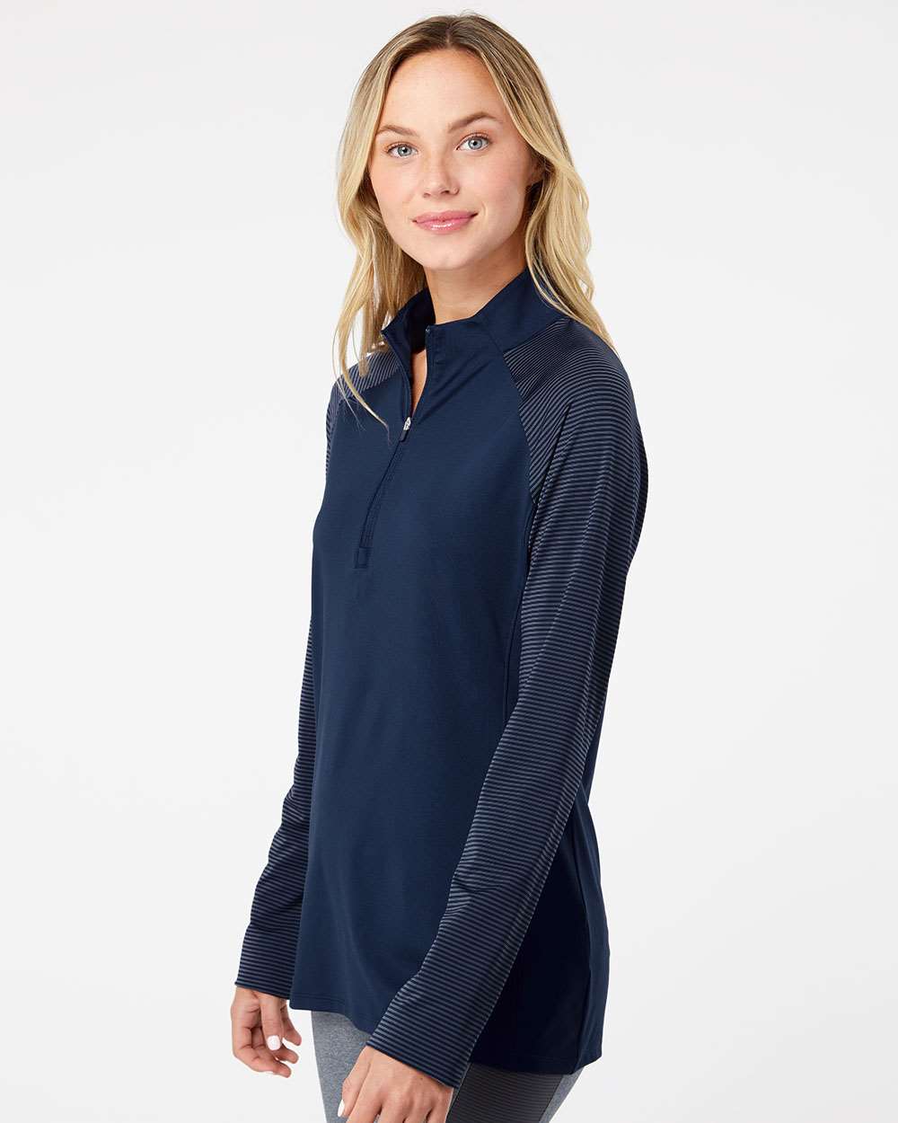 Women's Stripe Block Quarter-Zip Pullover - OnModelSide - B05953652 - Team Navy Blue