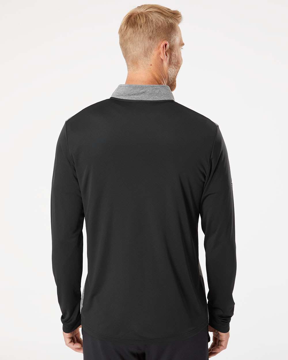 Men's Heather Block Print Quarter-Zip Pullover - OnModelBack - B06053502 - Black Melange/ Black/ Grey Three