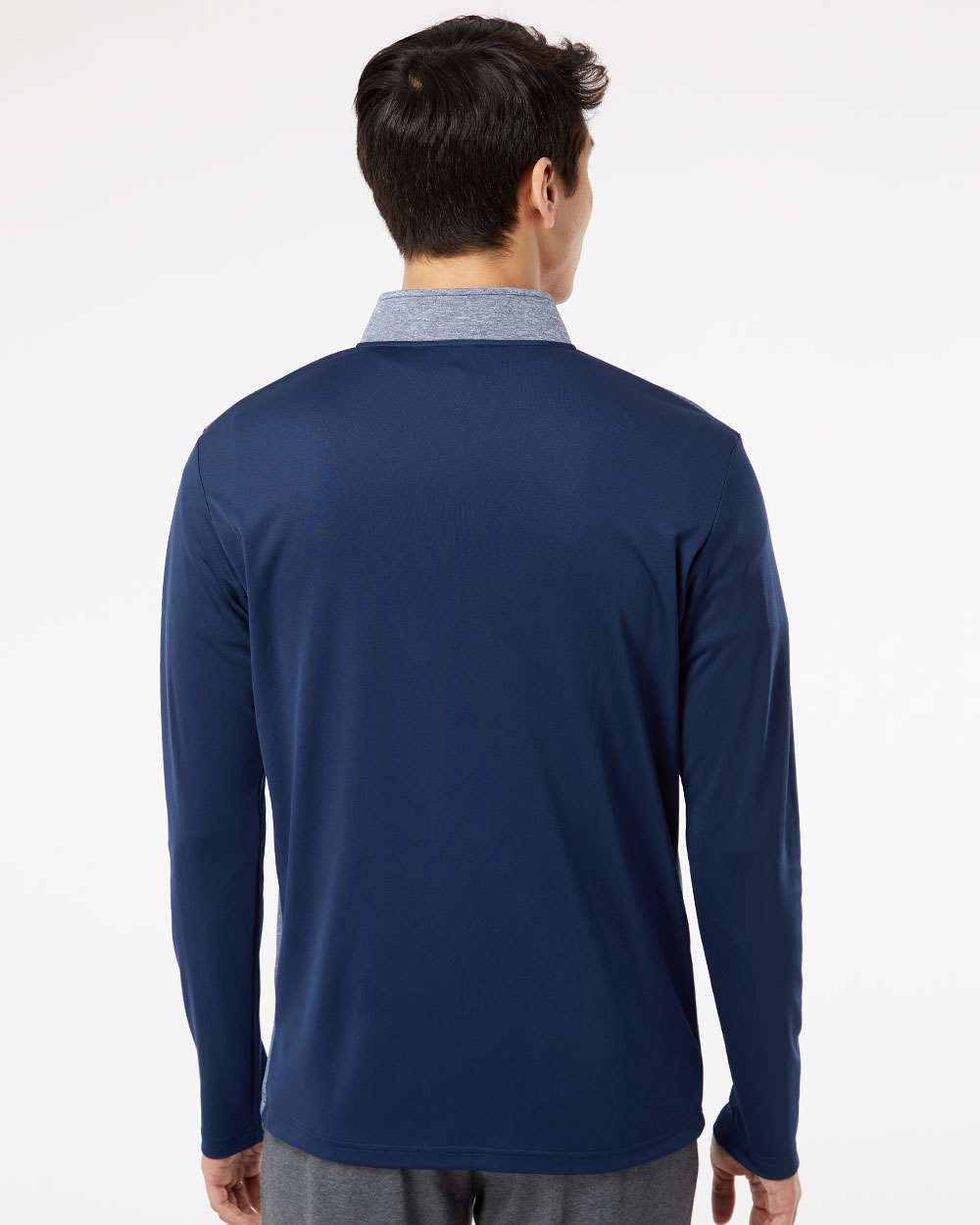 Men's Heather Block Print Quarter-Zip Pullover - OnModelBack - B06053652 - Collegiate Navy Melange/ Navy/ Grey Three