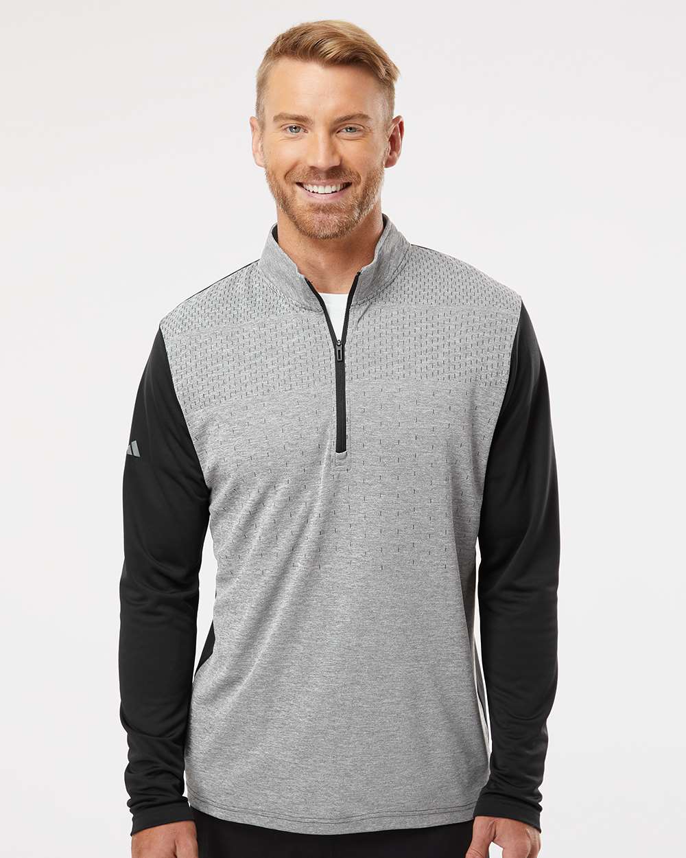 Men's Heather Block Print Quarter-Zip Pullover - OnModelFront - B06053502 - Black Melange/ Black/ Grey Three