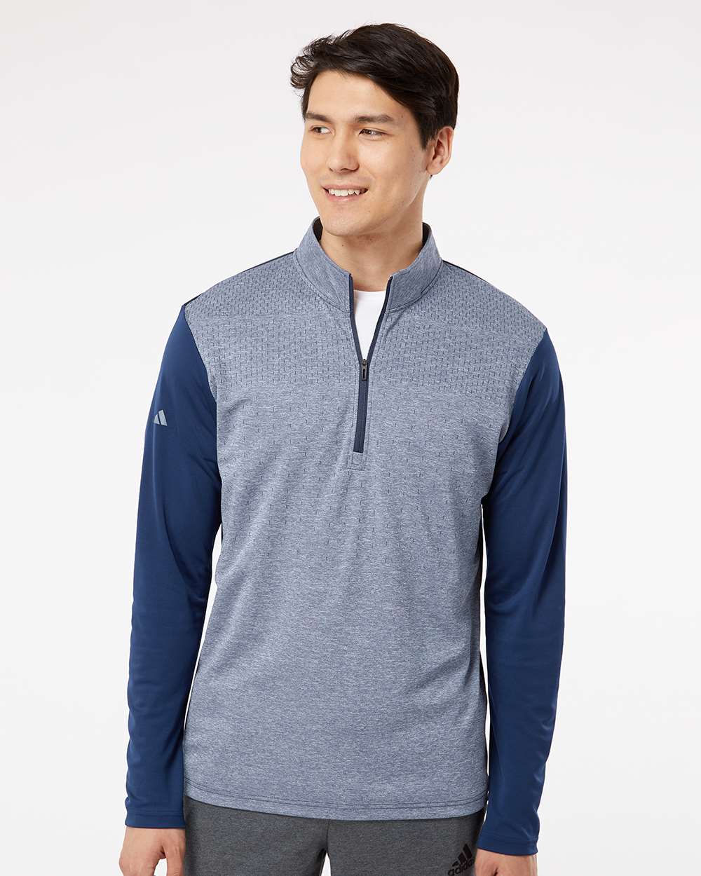 Men's Heather Block Print Quarter-Zip Pullover - OnModelFront - B06053652 - Collegiate Navy Melange/ Navy/ Grey Three