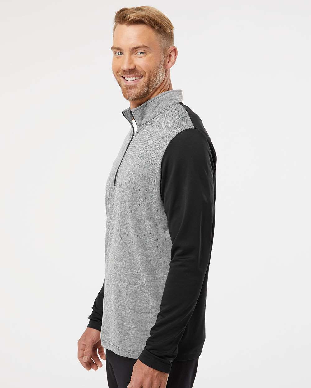 Men's Heather Block Print Quarter-Zip Pullover - OnModelSide - B06053502 - Black Melange/ Black/ Grey Three
