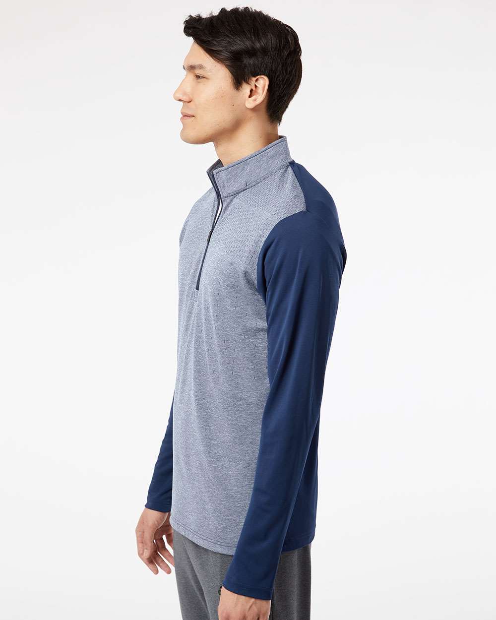 Men's Heather Block Print Quarter-Zip Pullover - OnModelSide - B06053652 - Collegiate Navy Melange/ Navy/ Grey Three