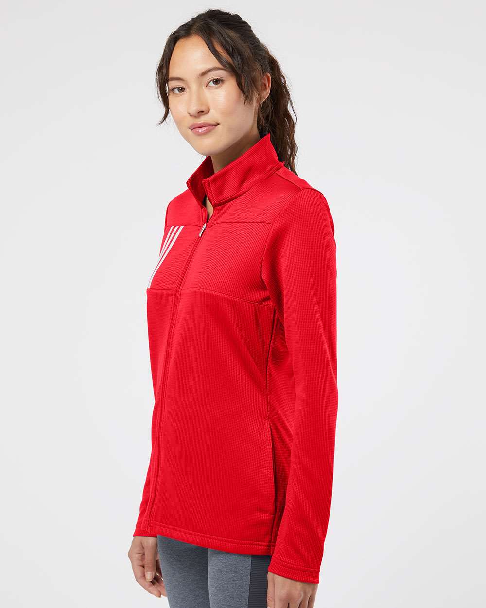 Women's 3-Stripes Double Knit Full-Zip - OnModelSide - B03653703 - Team Collegiate Red/ Grey Two