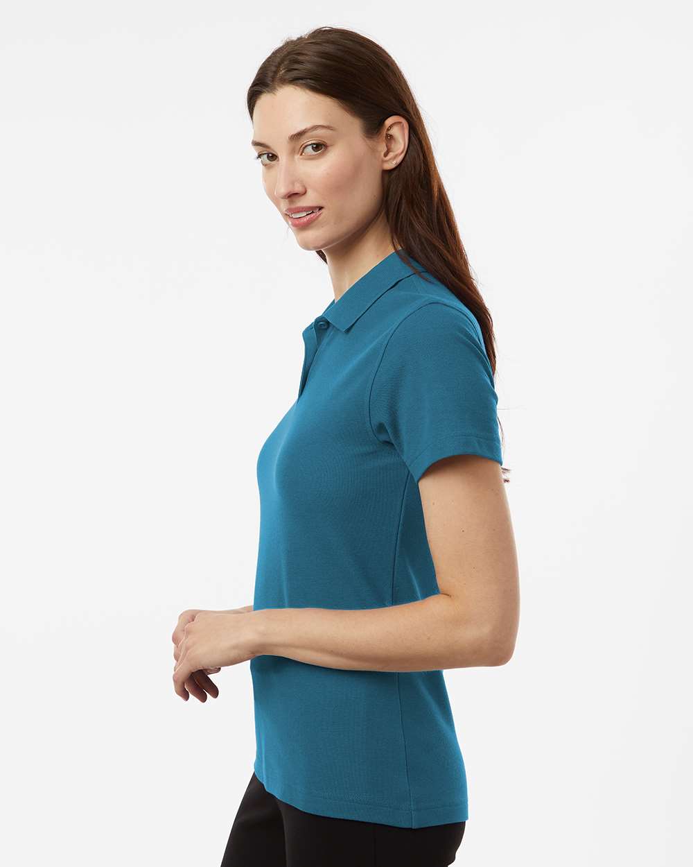 Women's Pique Polo - OnModelSide - B01096223 - Pacific Blue