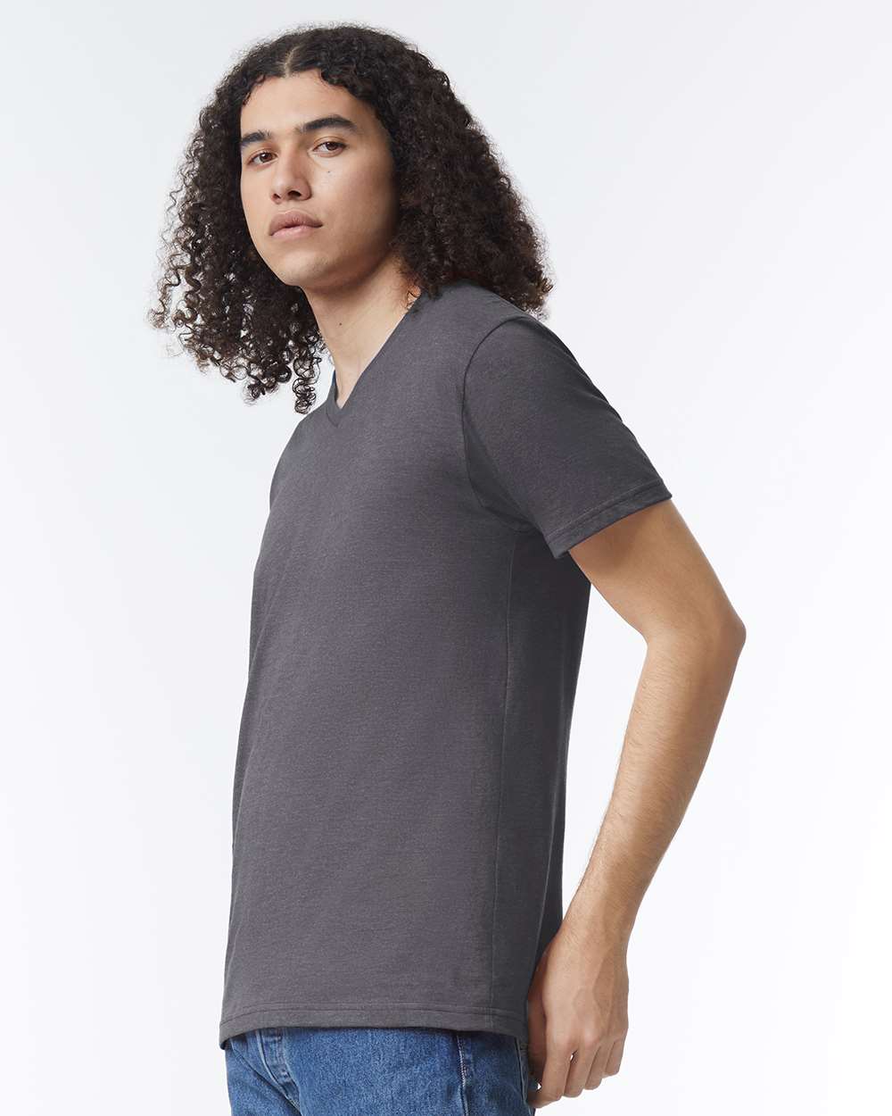 CVC V-Neck Tee - OnModelSide - B08427593 - Heather Charcoal