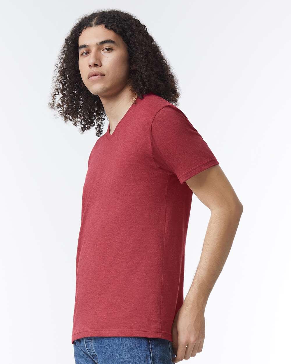 CVC V-Neck Tee - OnModelSide - B08427703 - Heather Cardinal
