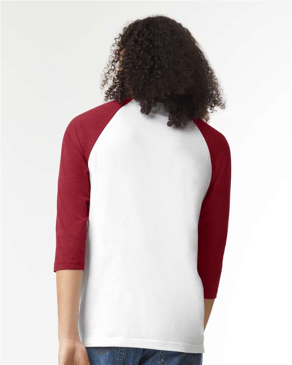 CVC Three-Quarter Sleeve Tee - OnModelBack - B08627003 - White/ Heather Cardinal