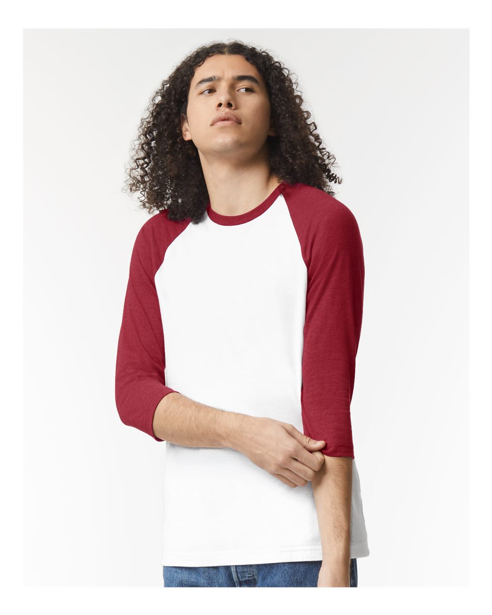 CVC Three-Quarter Sleeve Tee - OnModelFront - B08627003 - White/ Heather Cardinal