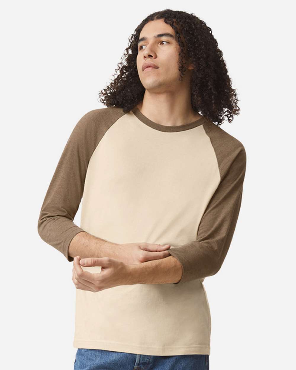 CVC Three-Quarter Sleeve Tee - OnModelFront - B08627103 - Heather Bone/ Heather Army