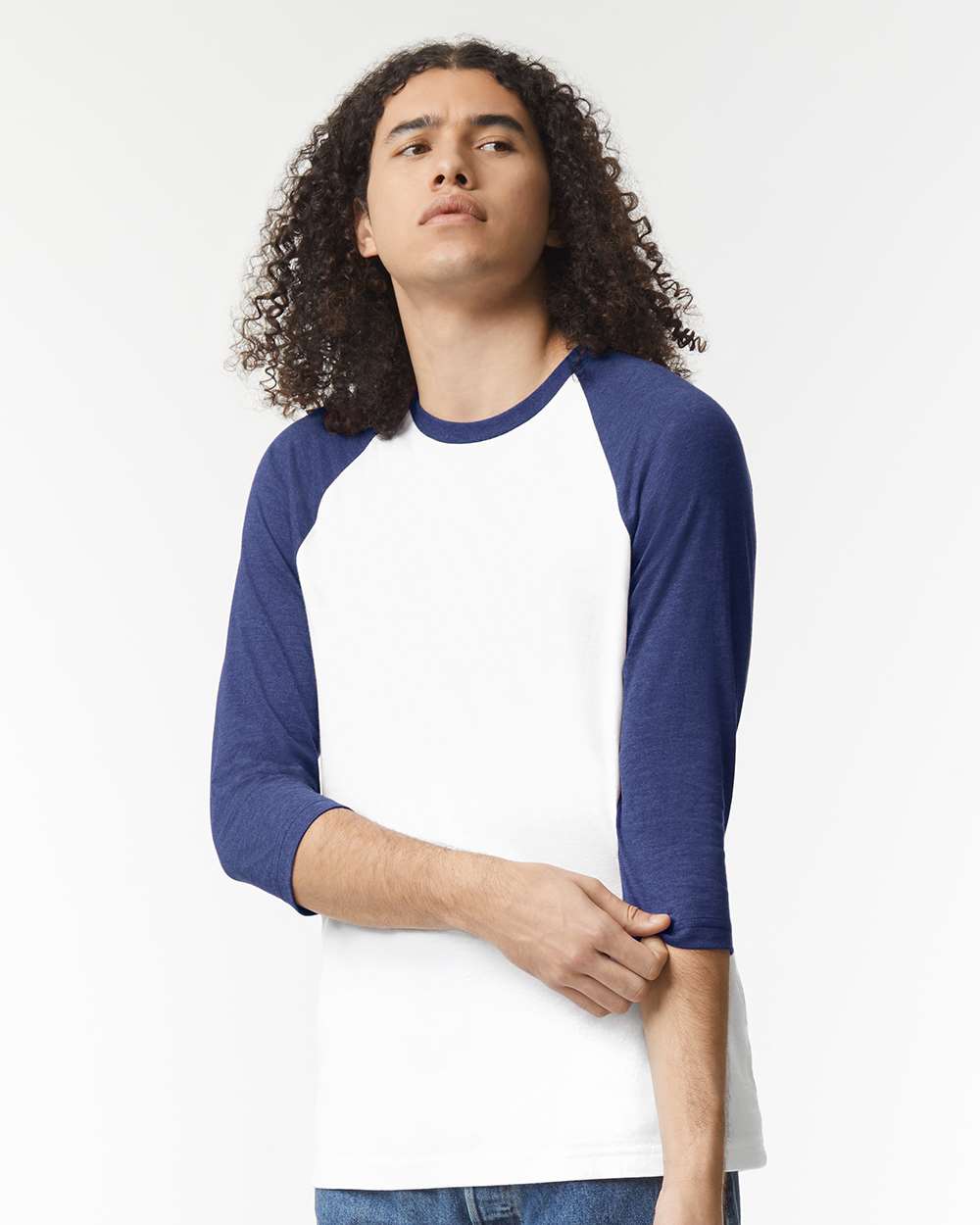 CVC Three-Quarter Sleeve Tee - OnModelFront - B08627113 - White/ Heather Indigo