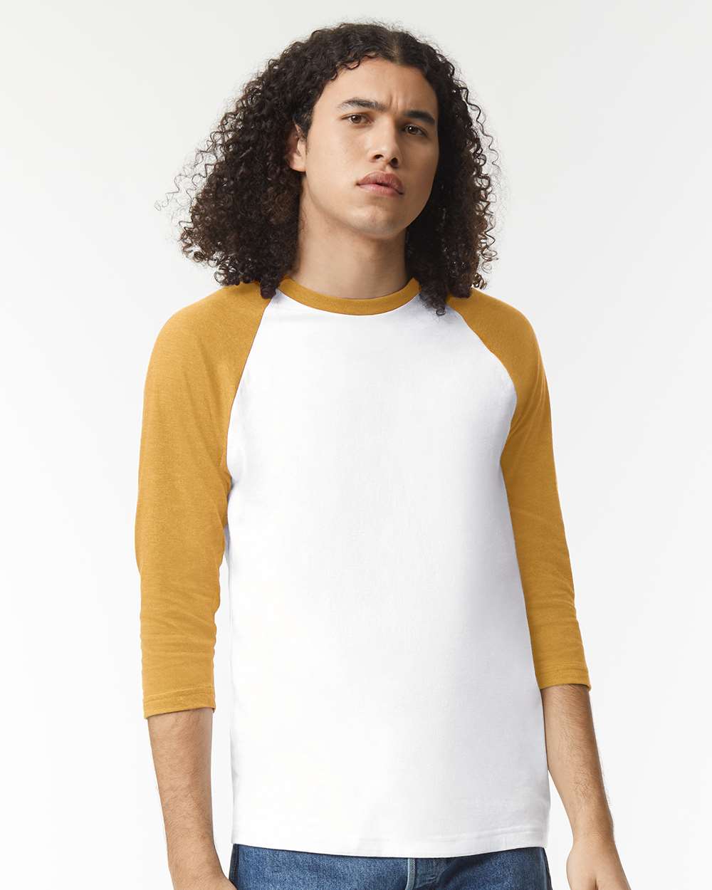 CVC Three-Quarter Sleeve Tee - OnModelFront - B08627123 - White/ Heather Mustard