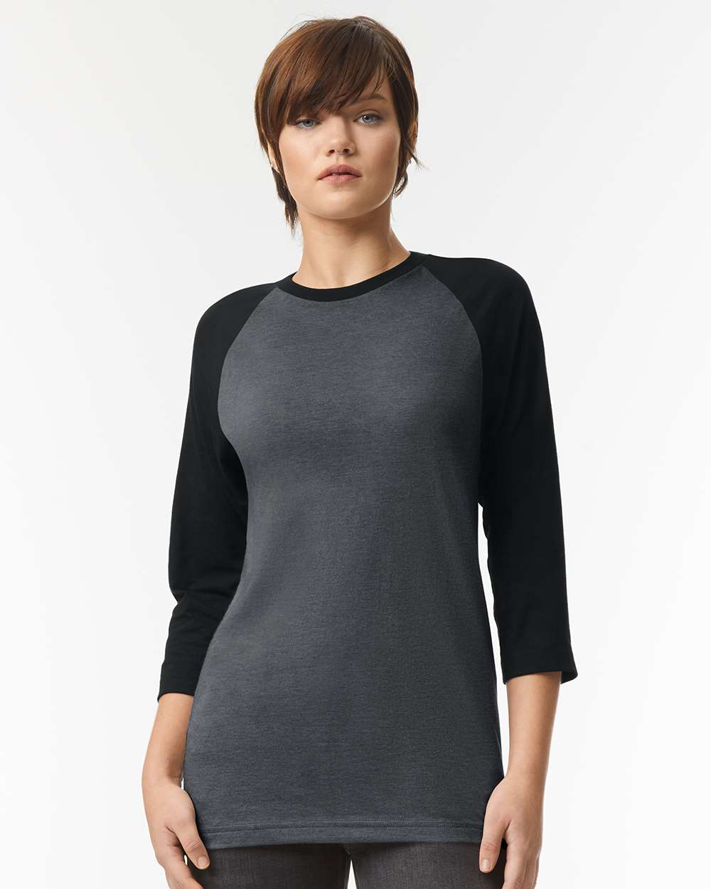 CVC Three-Quarter Sleeve Tee - OnModelFront - B08627593 - Heather Charcoal/ Black