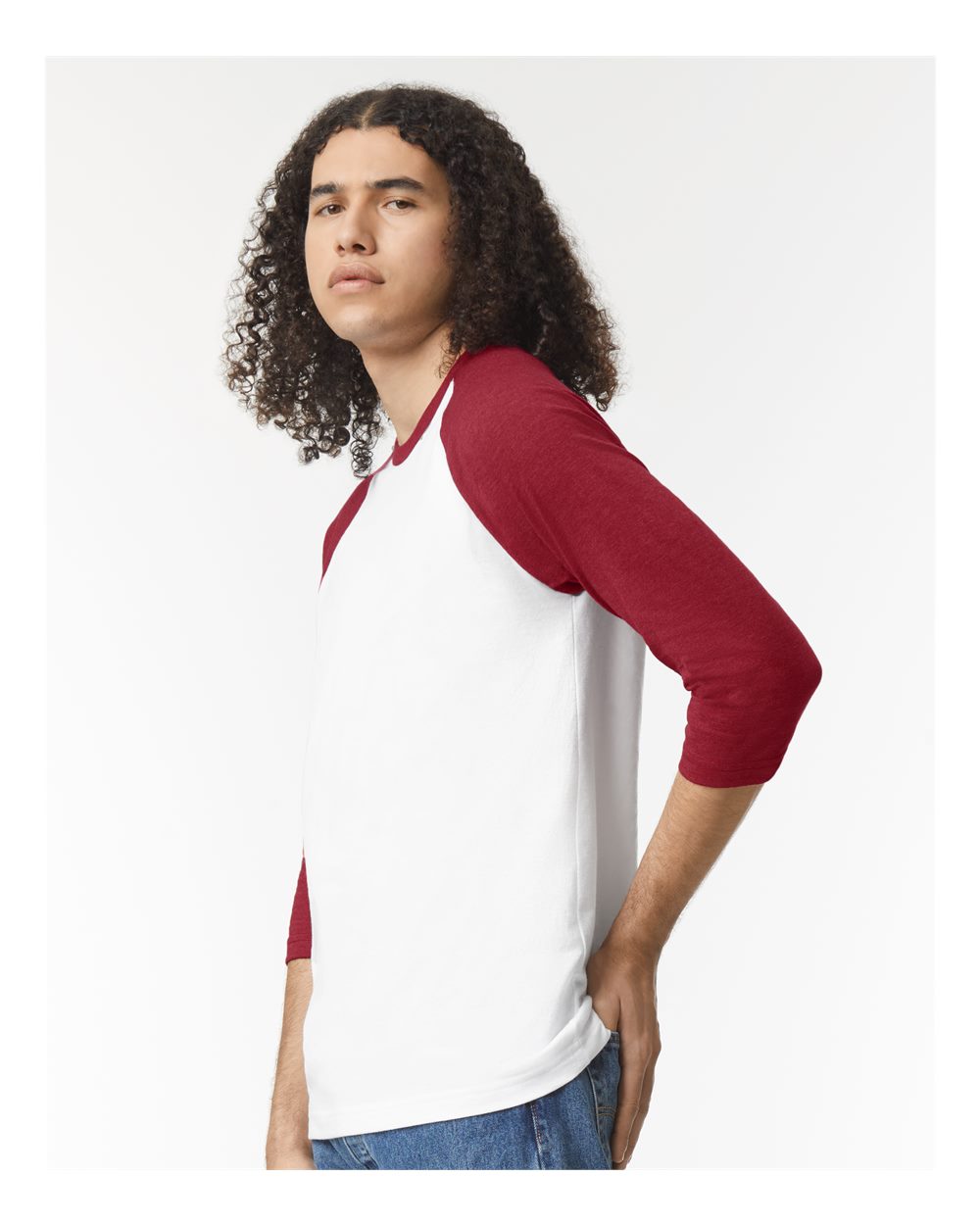 CVC Three-Quarter Sleeve Tee - OnModelSide - B08627003 - White/ Heather Cardinal