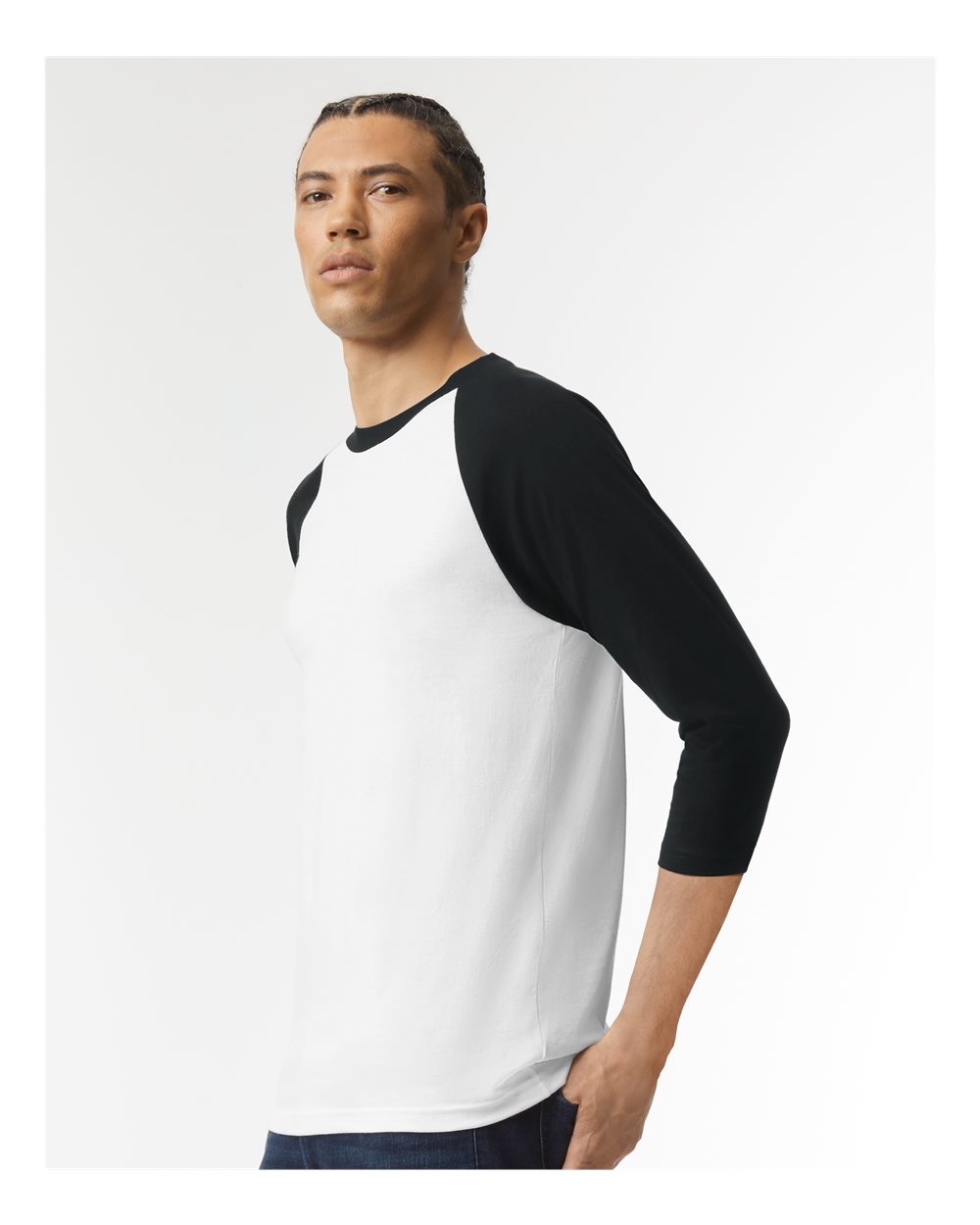 CVC Three-Quarter Sleeve Tee - OnModelSide - B08627013 - White/ Black
