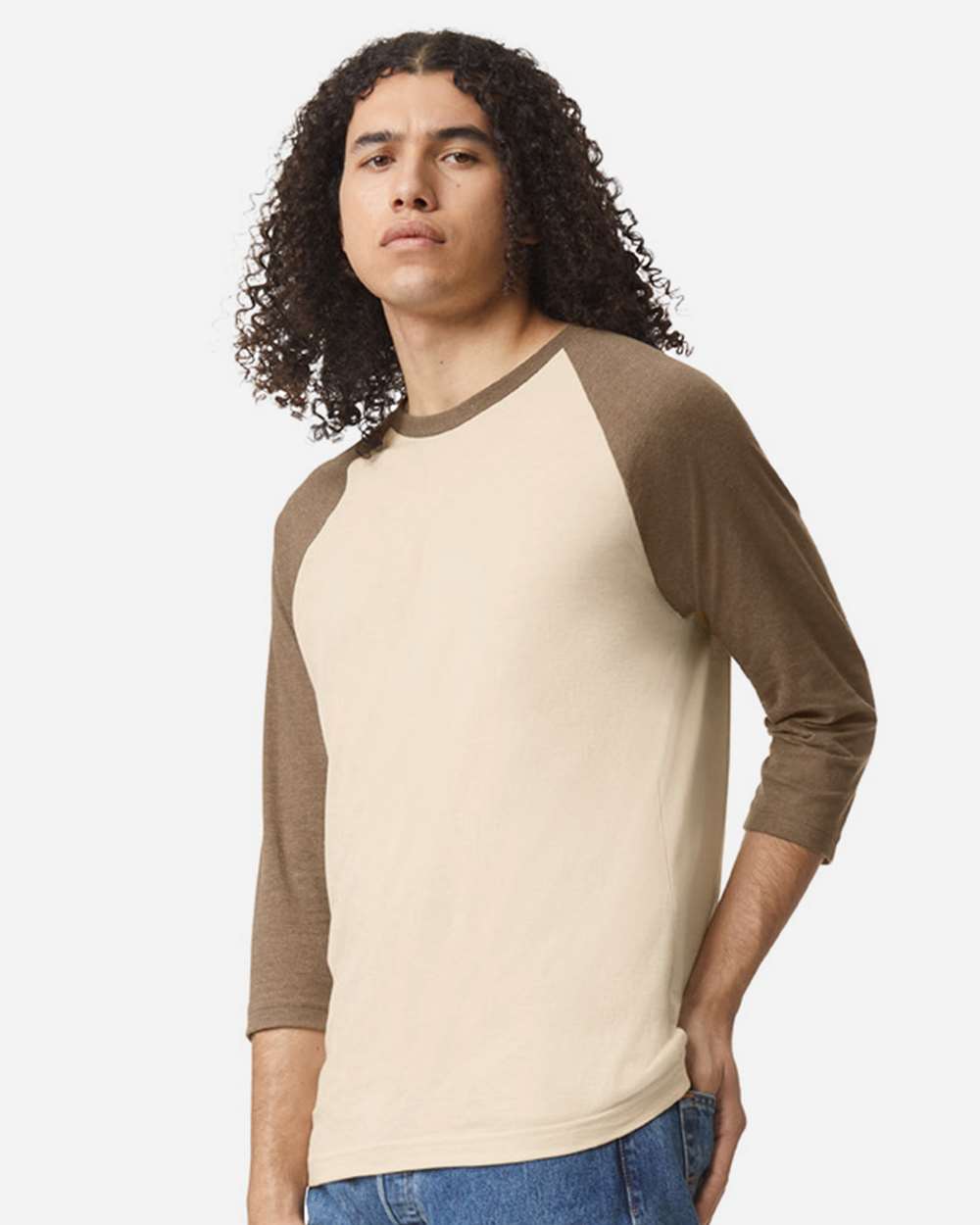 CVC Three-Quarter Sleeve Tee - OnModelSide - B08627103 - Heather Bone/ Heather Army