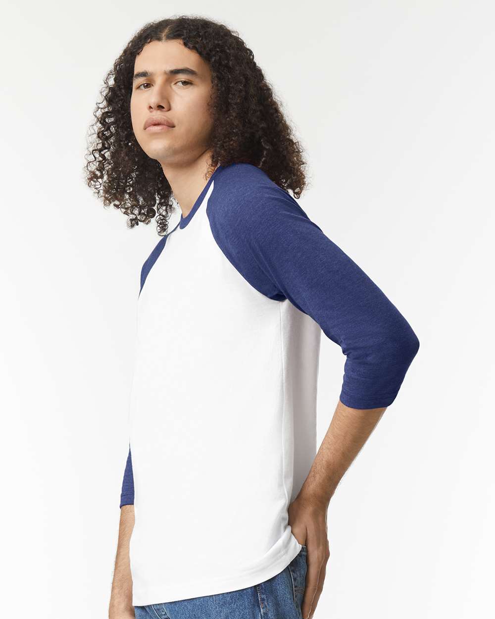 CVC Three-Quarter Sleeve Tee - OnModelSide - B08627113 - White/ Heather Indigo