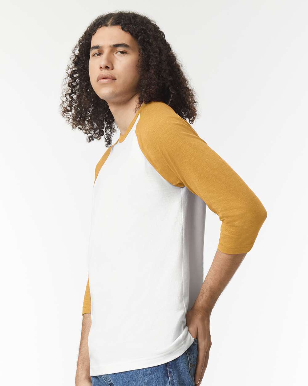 CVC Three-Quarter Sleeve Tee - OnModelSide - B08627123 - White/ Heather Mustard