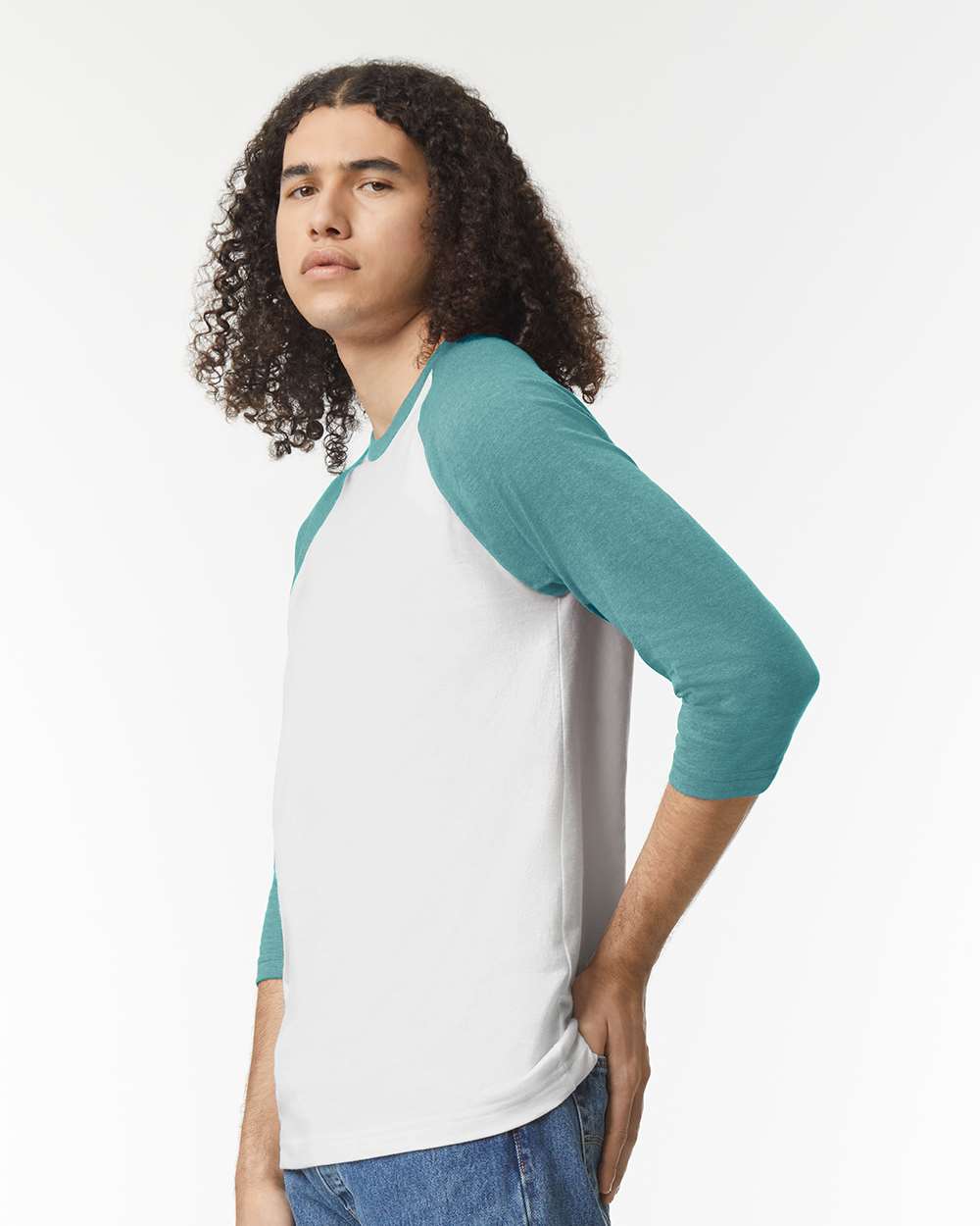 CVC Three-Quarter Sleeve Tee - OnModelSide - B08627243 - White/Heather Arctic