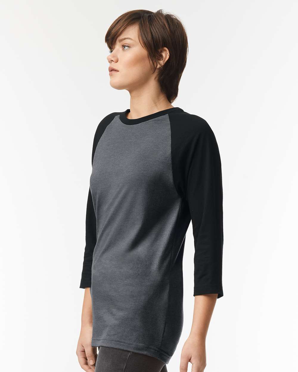 CVC Three-Quarter Sleeve Tee - OnModelSide - B08627593 - Heather Charcoal/ Black