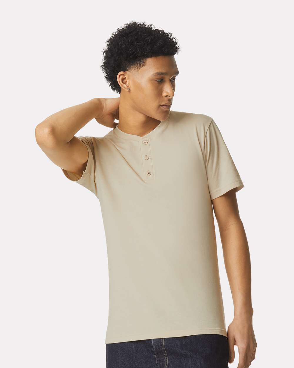 Unisex CVC Henley Tee - OnModelFront - B03227003 - Heather Bone