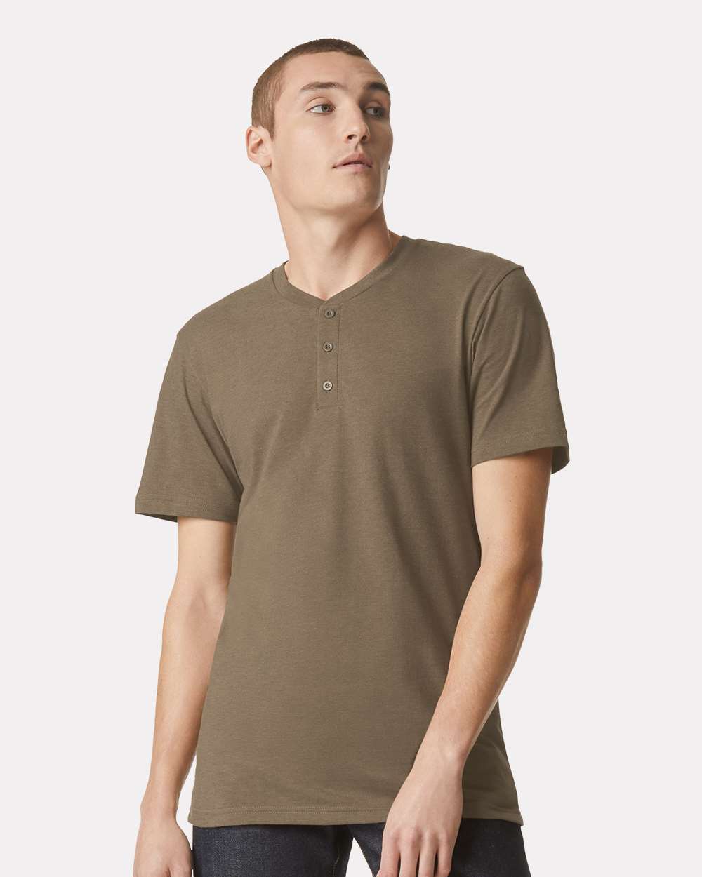 Unisex CVC Henley Tee - OnModelFront - B03227543 - Heather Army