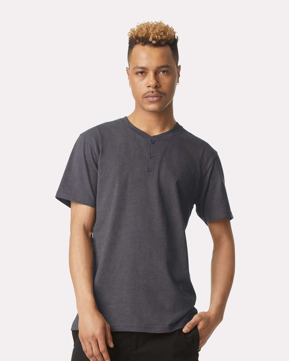 Unisex CVC Henley Tee - OnModelFront - B03227593 - Heather Charcoal