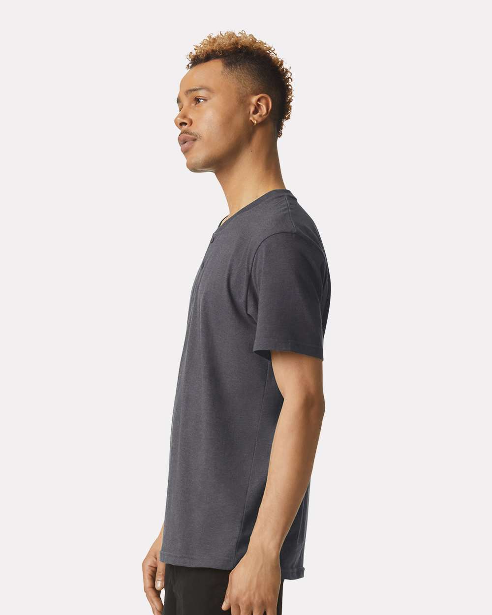 Unisex CVC Henley Tee - OnModelSide - B03227593 - Heather Charcoal