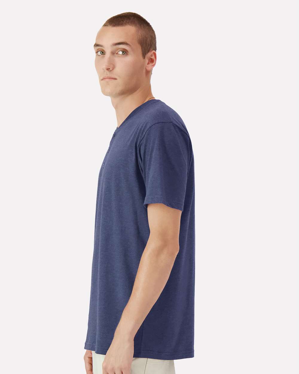 Unisex CVC Henley Tee - OnModelSide - B03227653 - Heather Indigo
