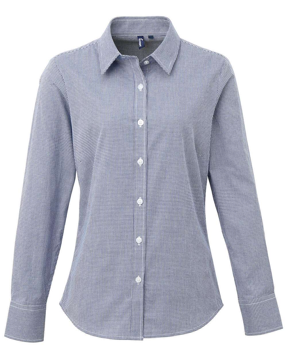 Women's Microcheck Gingham Cotton Shirt - Front - B400A1652 - Navy/ White