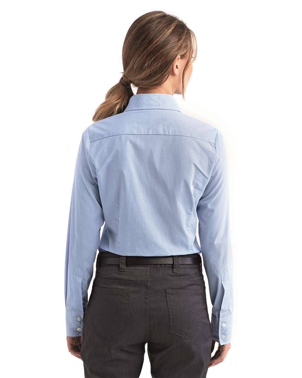 Women's Microcheck Gingham Cotton Shirt - OnModelBack - B400A1252 - Light Blue/ White