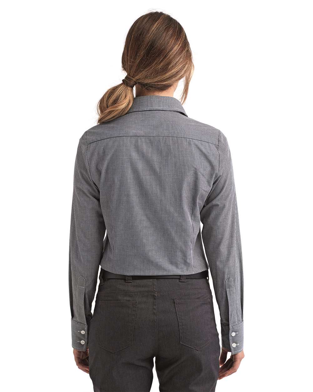Women's Microcheck Gingham Cotton Shirt - OnModelBack - B400A1502 - Black/ White