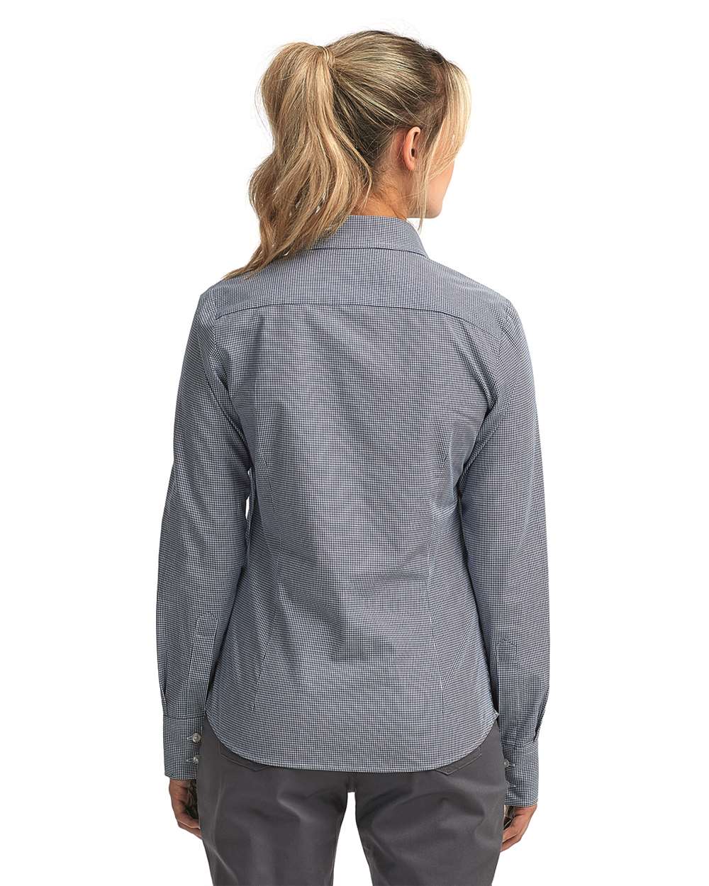 Women's Microcheck Gingham Cotton Shirt - OnModelBack - B400A1652 - Navy/ White
