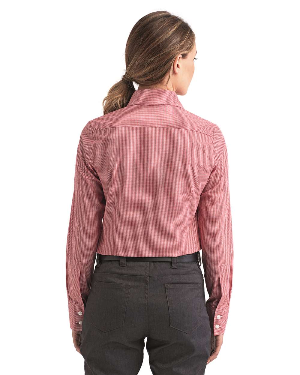 Women's Microcheck Gingham Cotton Shirt - OnModelBack - B400A1702 - Red/ White