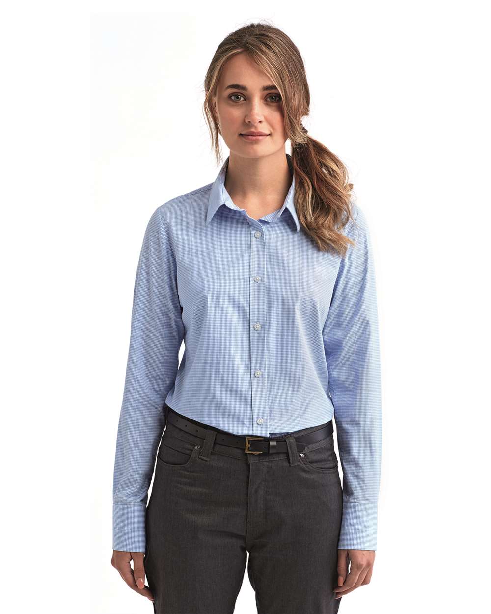 Women's Microcheck Gingham Cotton Shirt - OnModelFront - B400A1252 - Light Blue/ White