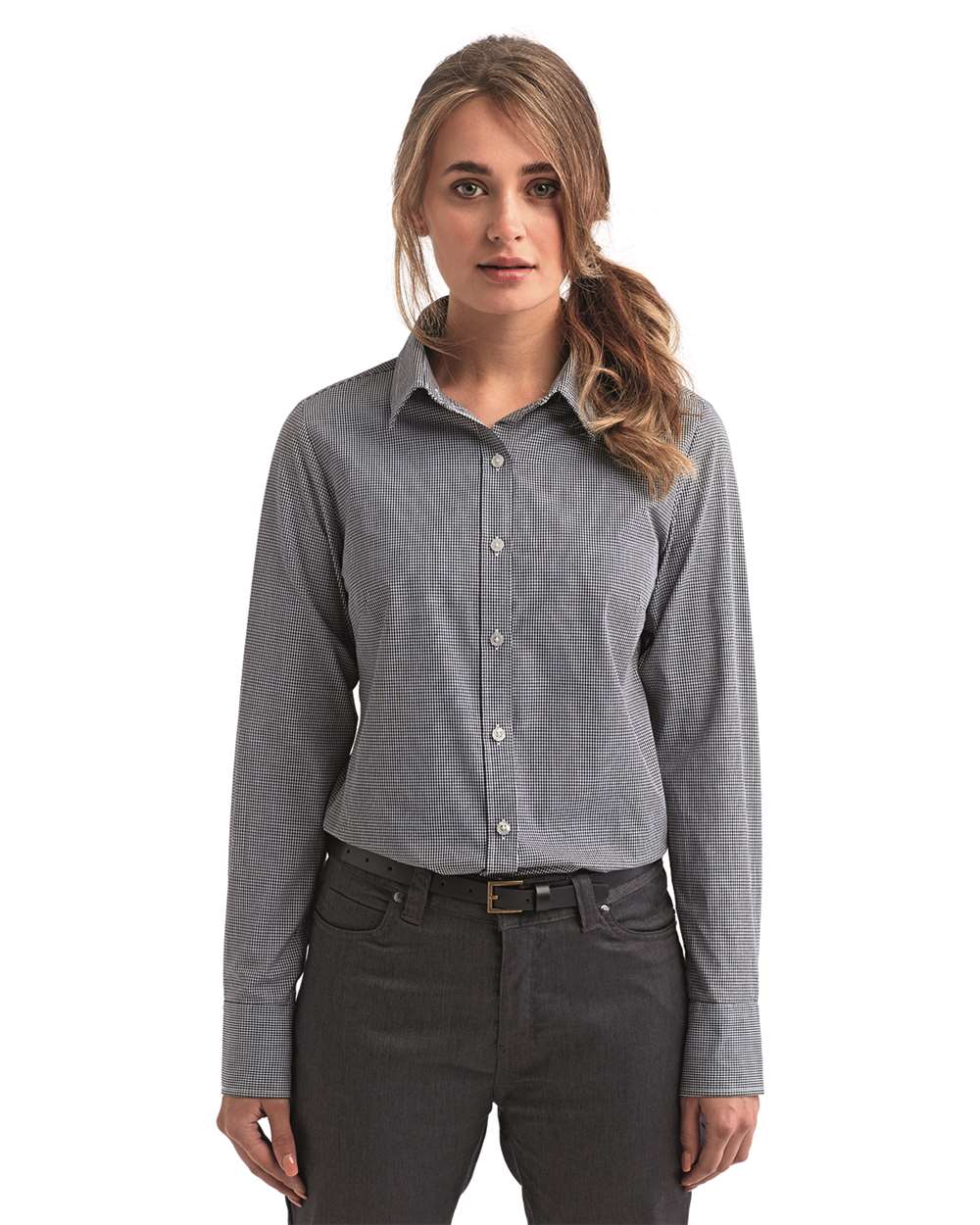 Women's Microcheck Gingham Cotton Shirt - OnModelFront - B400A1502 - Black/ White