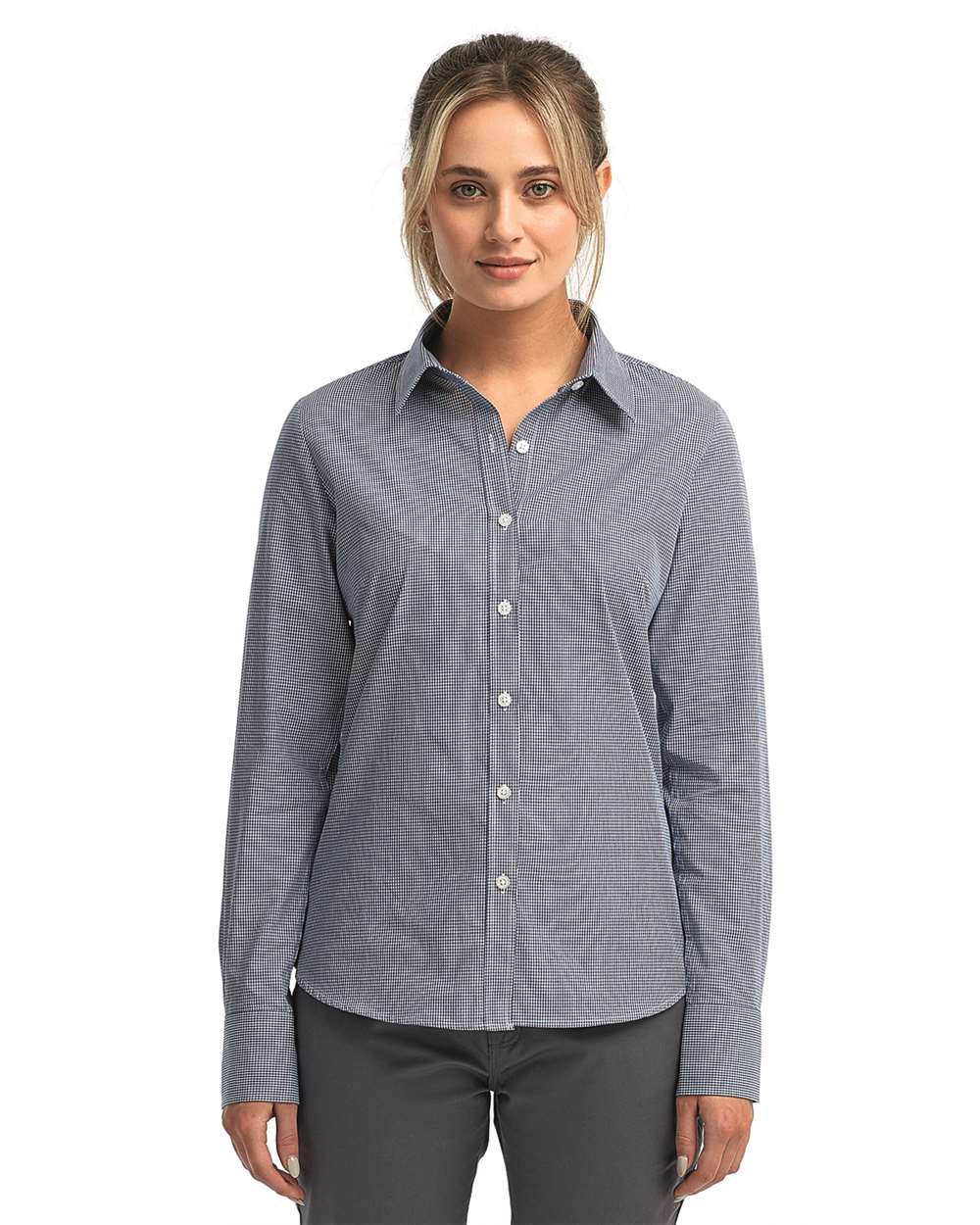 Women's Microcheck Gingham Cotton Shirt - OnModelFront - B400A1652 - Navy/ White