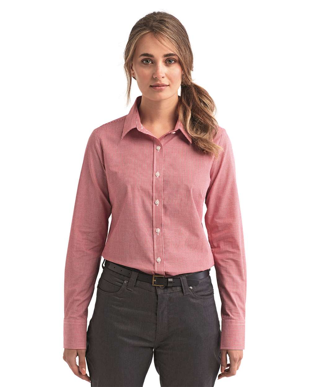 Women's Microcheck Gingham Cotton Shirt - OnModelFront - B400A1702 - Red/ White