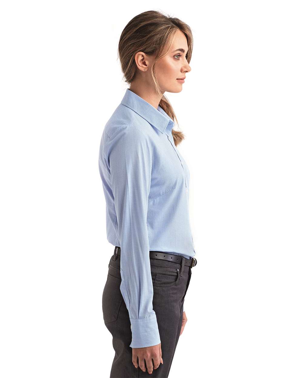 Women's Microcheck Gingham Cotton Shirt - OnModelSide - B400A1252 - Light Blue/ White
