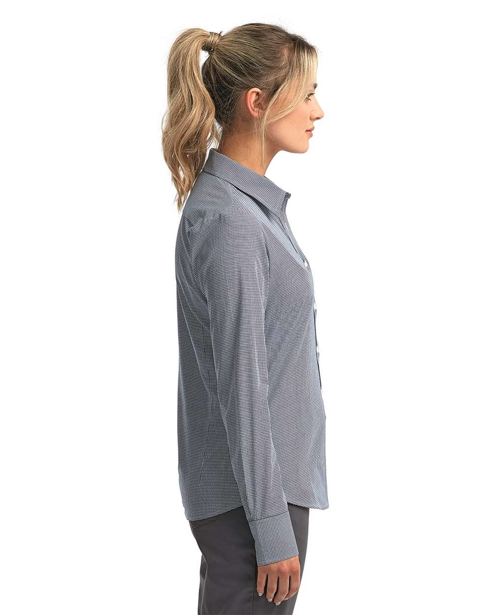Women's Microcheck Gingham Cotton Shirt - OnModelSide - B400A1652 - Navy/ White