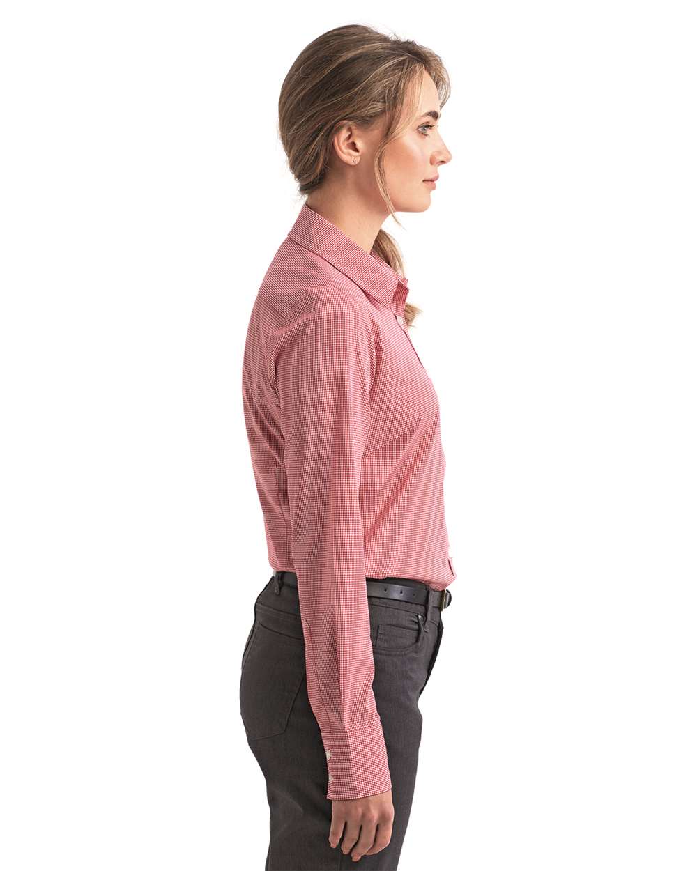 Women's Microcheck Gingham Cotton Shirt - OnModelSide - B400A1702 - Red/ White