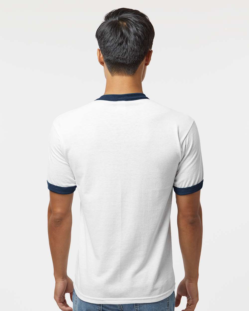 Unisex 50/50 Ringer T-Shirt - OnModelBack - B01334653 - White/ Navy