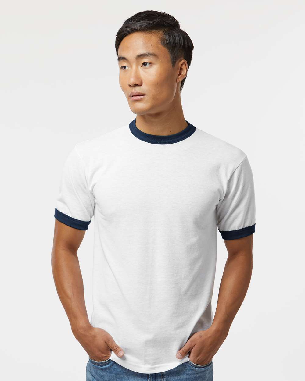 Unisex 50/50 Ringer T-Shirt - OnModelFront - B01334653 - White/ Navy