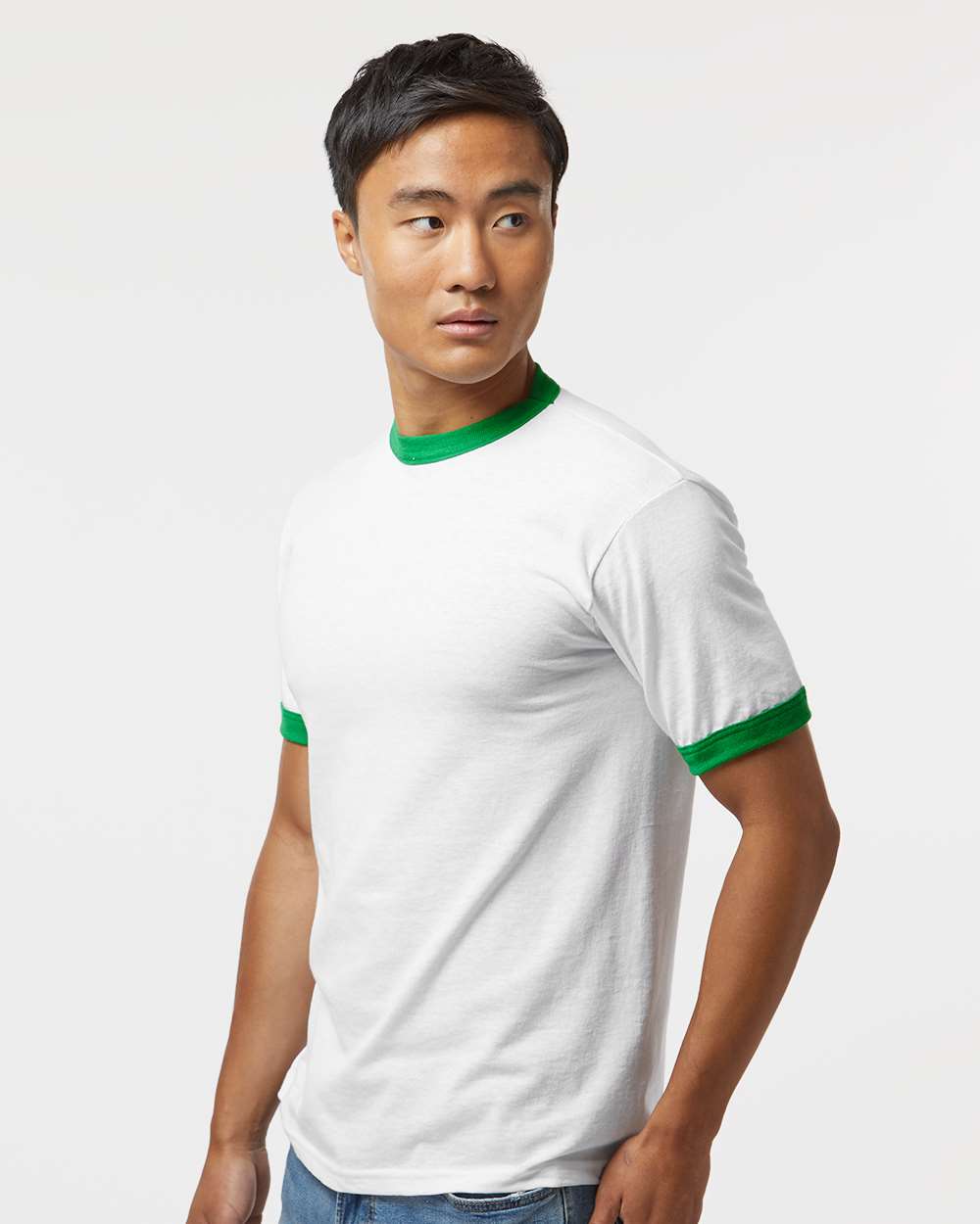 Unisex 50/50 Ringer T-Shirt - OnModelSide - B01334603 - White/ Kelly
