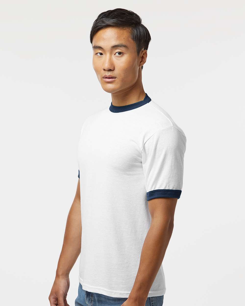 Unisex 50/50 Ringer T-Shirt - OnModelSide - B01334653 - White/ Navy