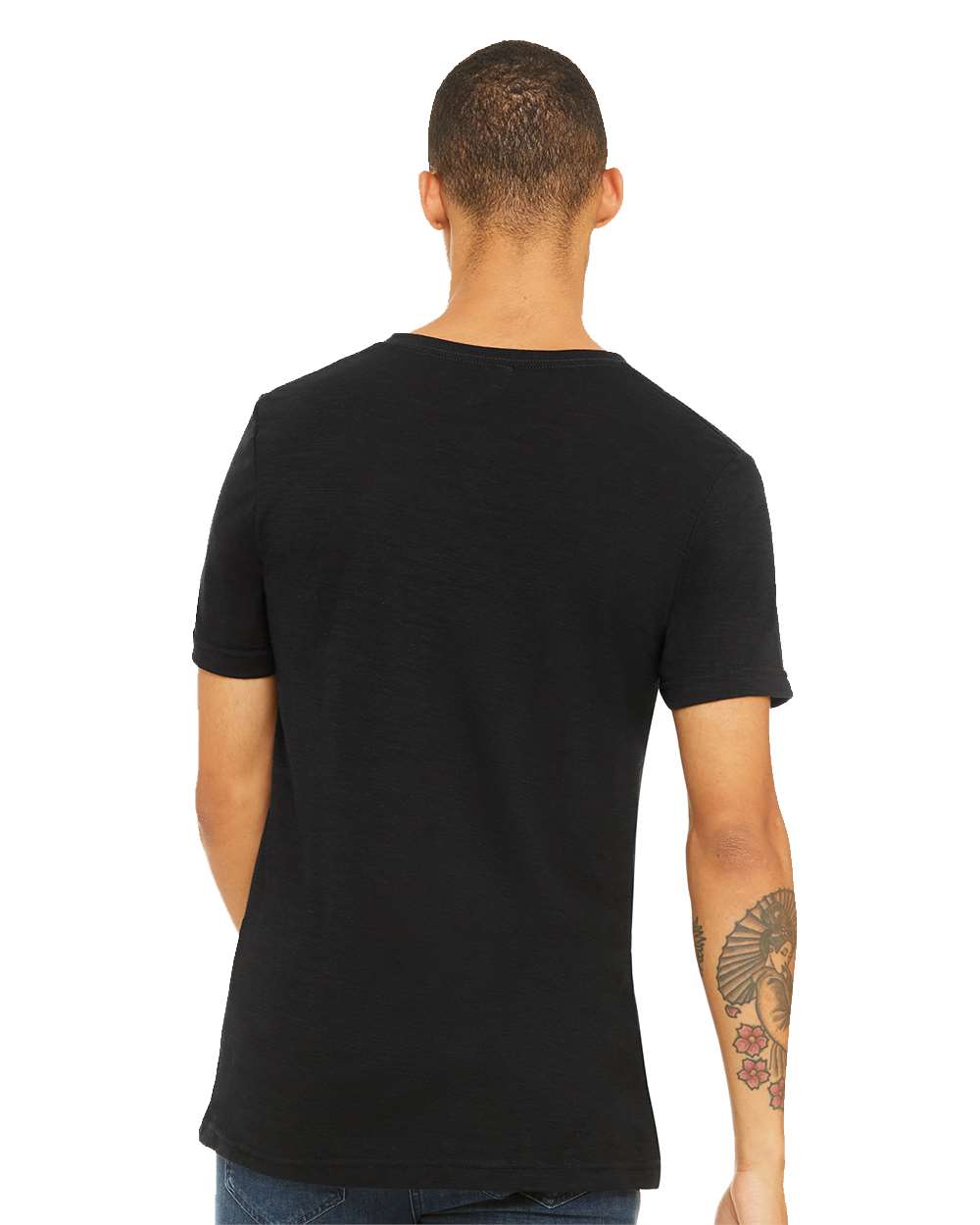 Unisex Textured Jersey V-Neck Tee - OnModelBack - B03406522 - Solid Black Slub