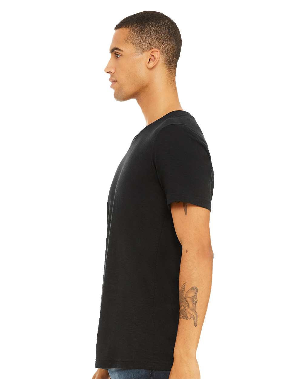 Unisex Textured Jersey V-Neck Tee - OnModelSide - B03406522 - Solid Black Slub