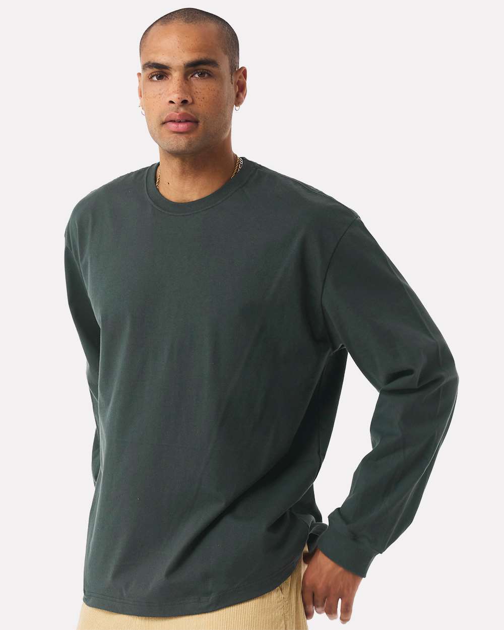Unisex 7.5 oz Heavyweight Long Sleeve Tee - OnModelSide - B06706542 - Hunter Green